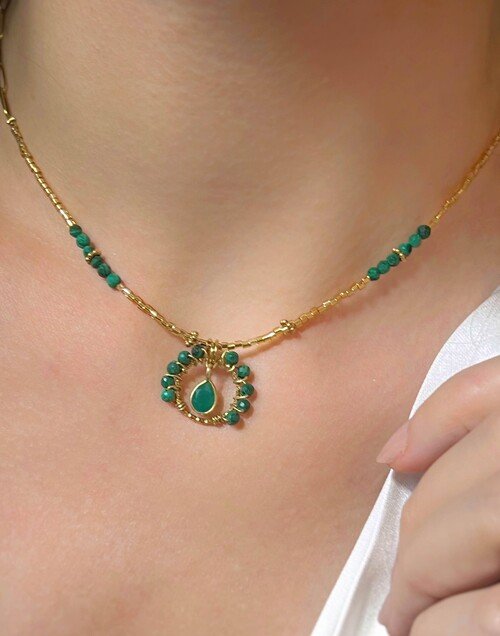 Malachite and green onyx flower stainless steel necklace |Gloria Balensi