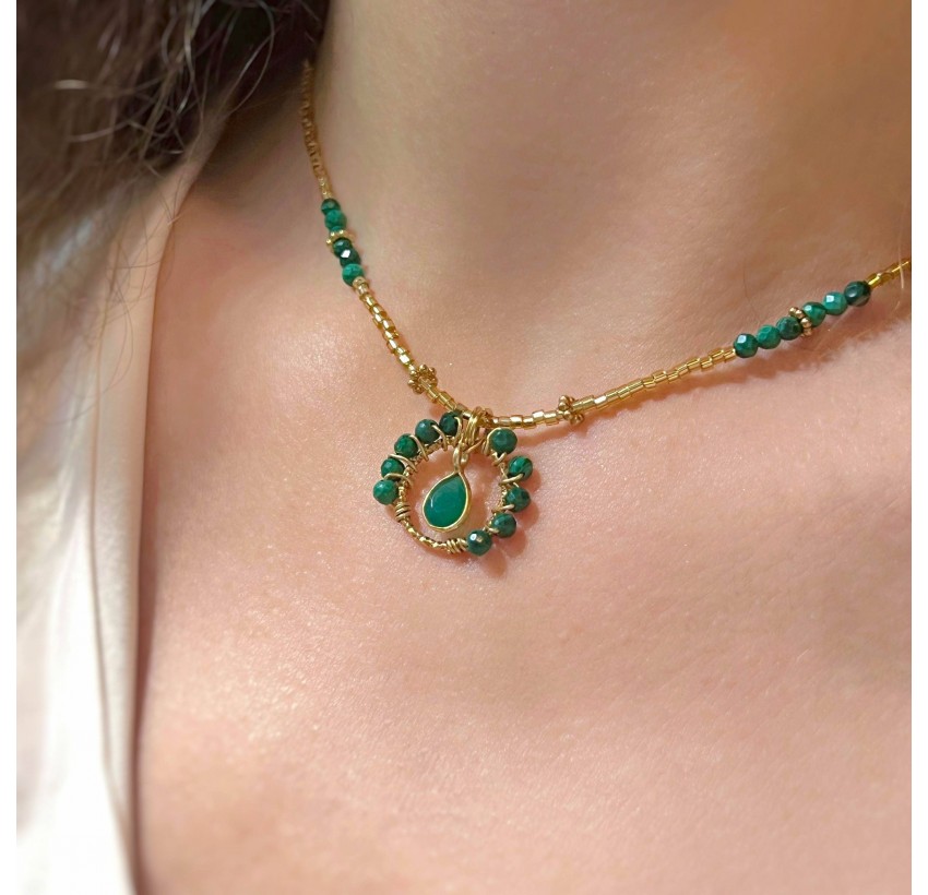 Malachite and green onyx flower stainless steel necklace | Gloria Balensi jewellery