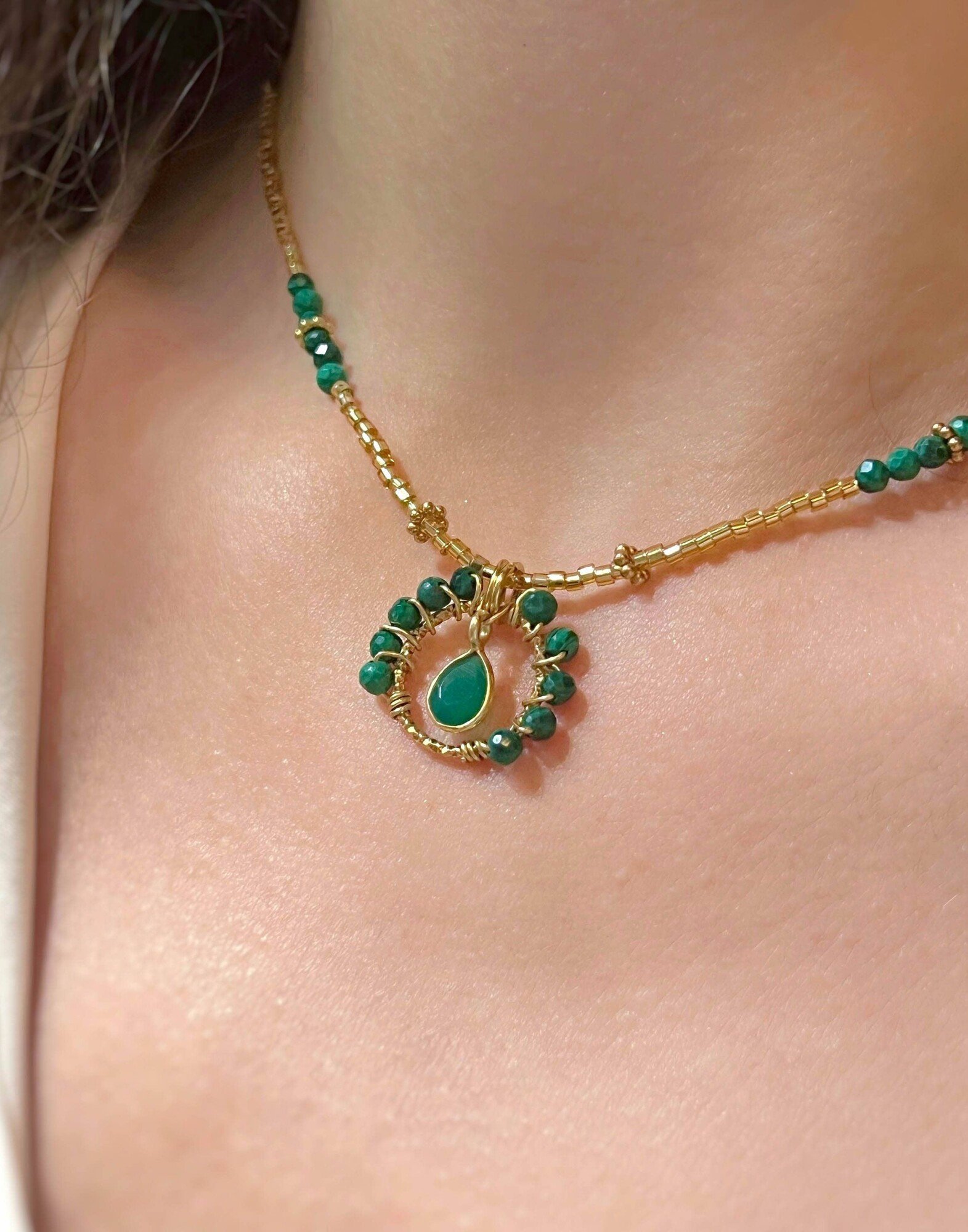 Collier malachite fleur pierre poire onyx vert en acier inoxydable |Gloria Balensi
