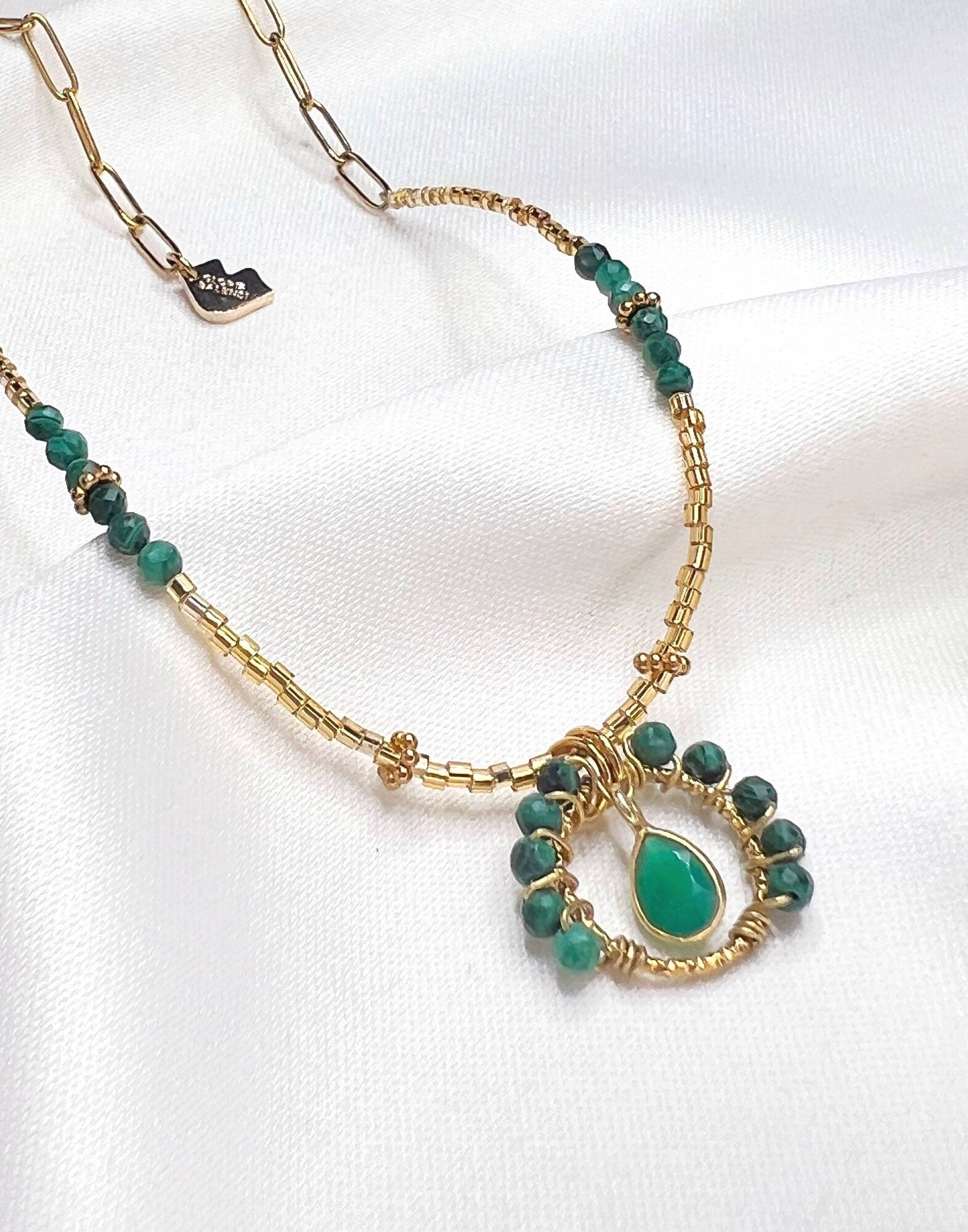 Collier malachite fleur pierre poire onyx vert en acier inoxydable |Gloria Balensi