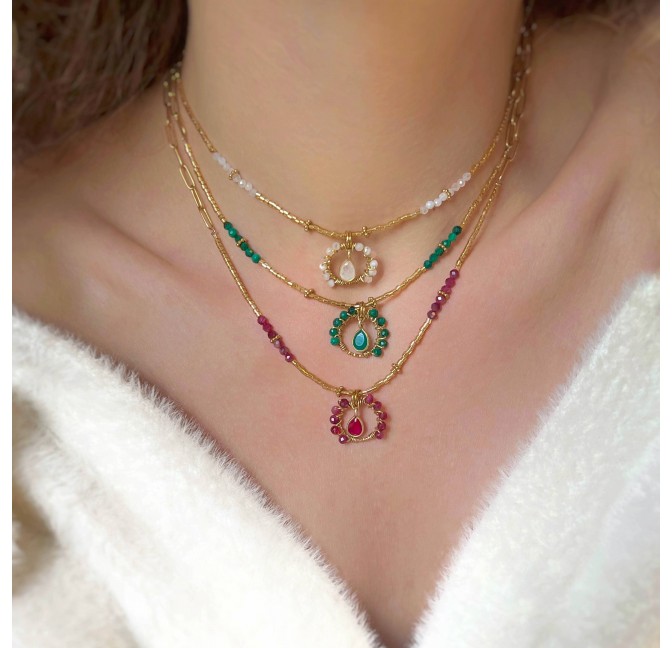 Malachite and green onyx flower stainless steel necklace | Gloria Balensi jewellery