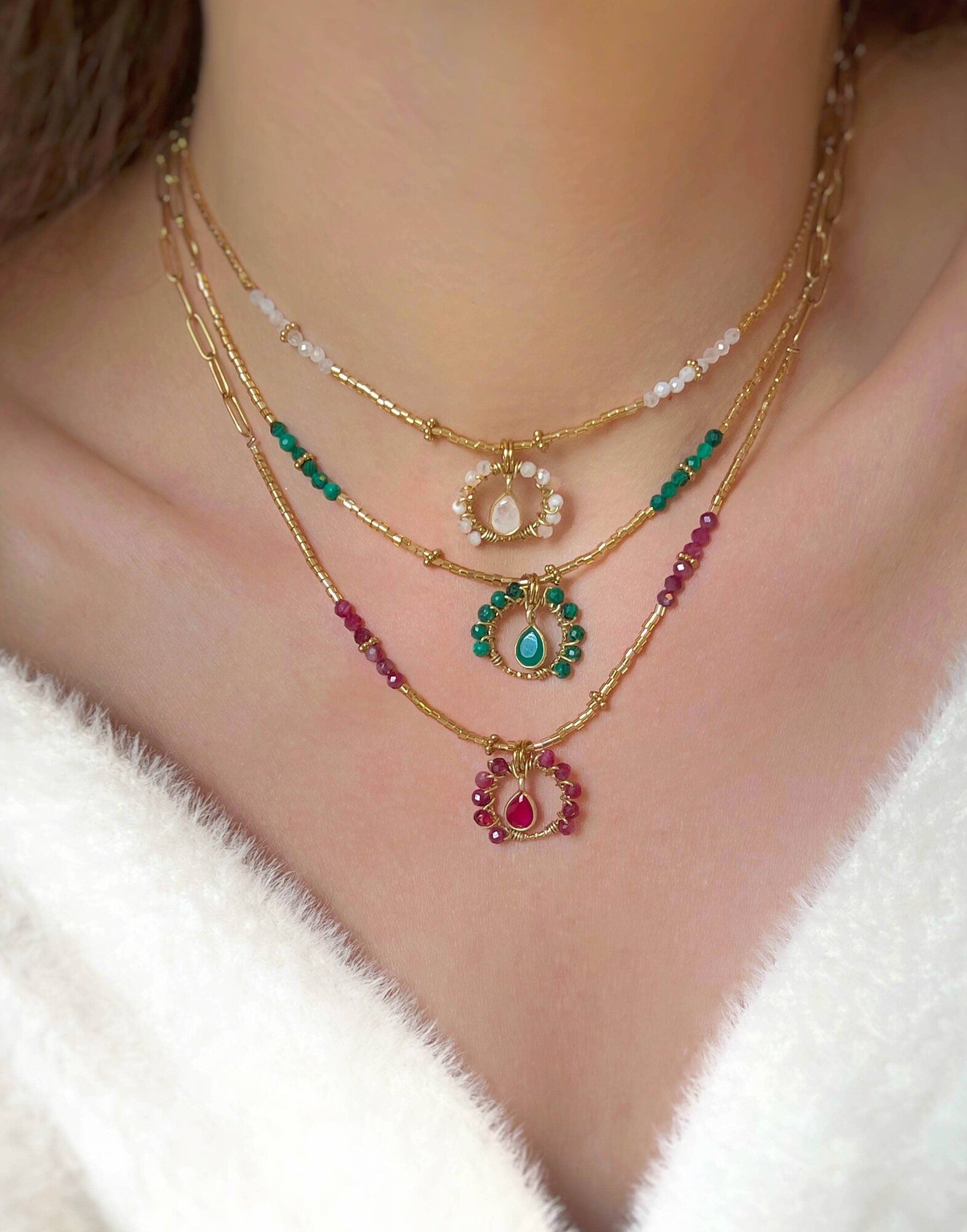 Collier malachite fleur pierre poire onyx vert en acier inoxydable |Gloria Balensi