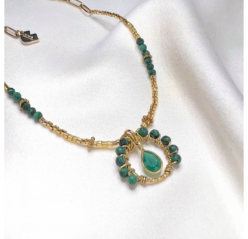 Collier malachite fleur pierre poire onyx vert en acier inoxydable | Gloria Balensi bijoux