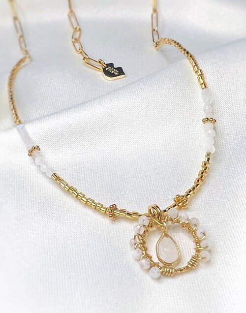 Collier pierre de lune fleur en acier inoxydable |Gloria Balensi