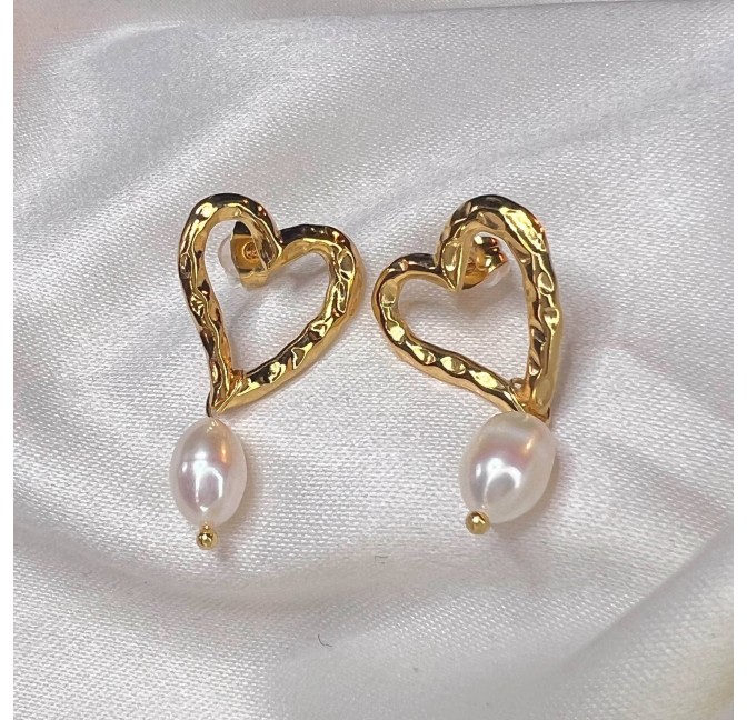 Boucles d’oreilles coeur en acier inoxydable et perles baroques d’eau douce AIMÉE |Gloria Balensi