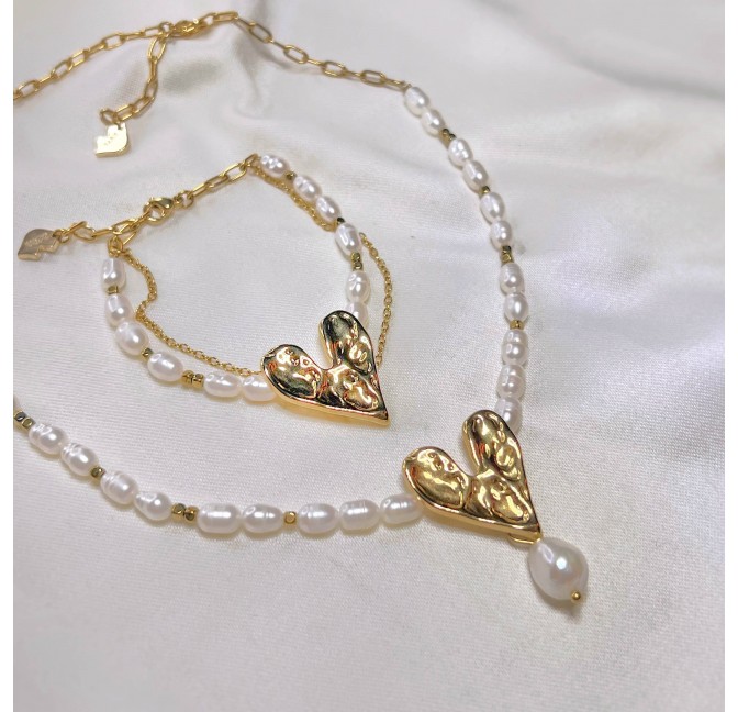 Collier de perles avec pendentif coeur en acier inoxydable | Gloria Balensi bijoux
