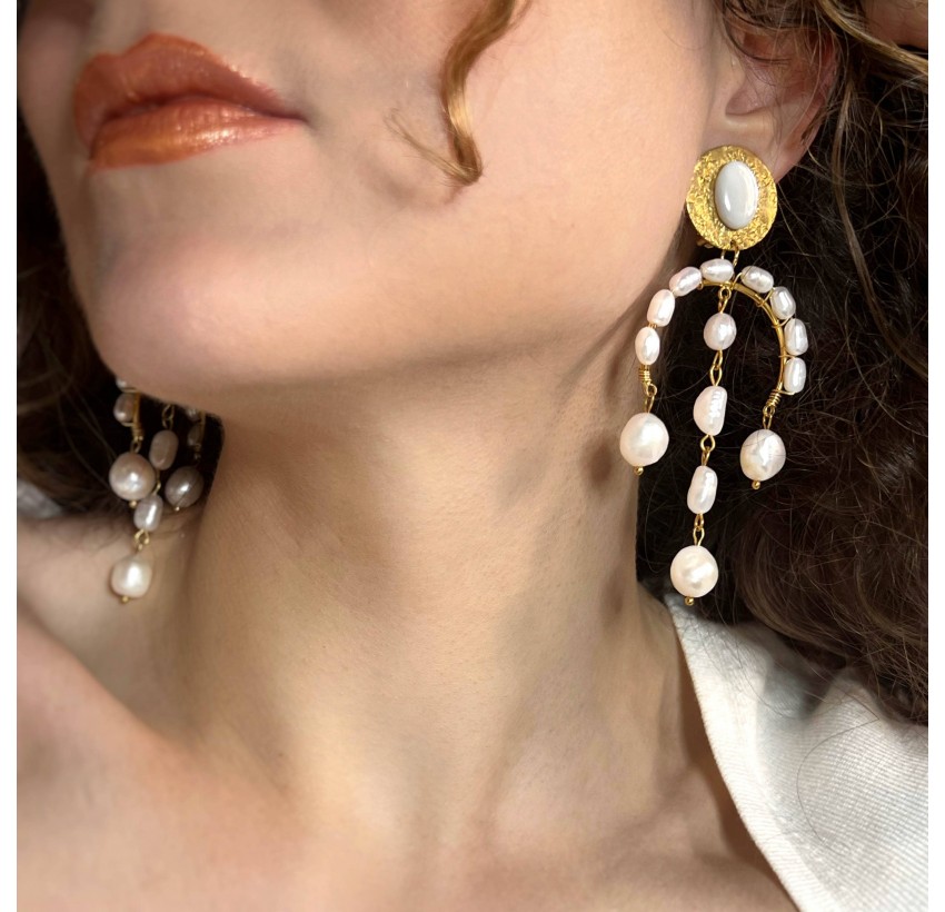 Boucles d’oreilles pendantes à clips en perles d’eau douce et acier inoxydable PERLILLA |Gloria Balensi