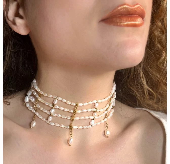 Multi-row choker necklace with freshwater pearls PARIS | Gloria Balensi jewellery