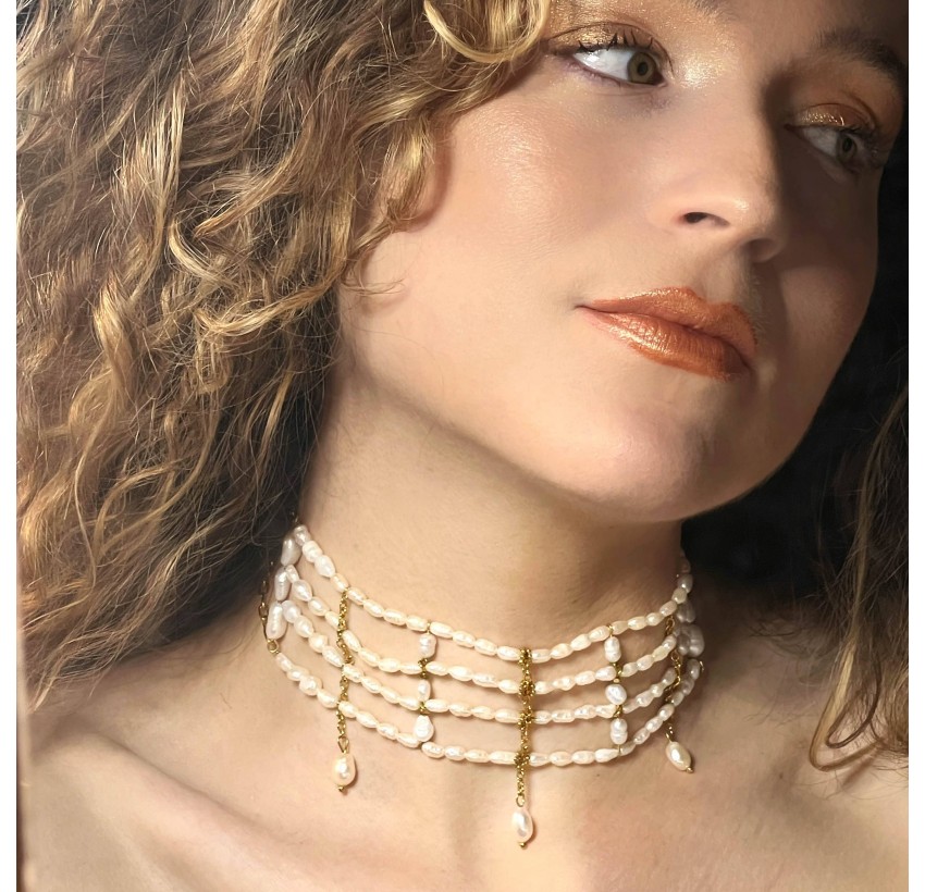 Multi-row choker necklace with freshwater pearls PARIS | Gloria Balensi jewellery
