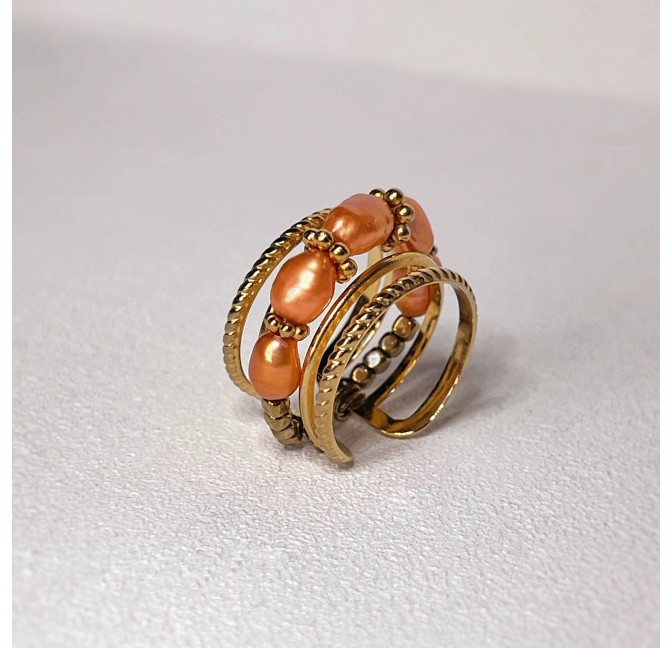 Adjustable ring in stainless steel and TERRA terracotta freshwater pearls | Gloria Balensi artisan jewellery designer