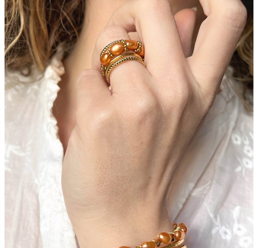 Bague ajustable en acier inoxydable et perles de culture terracotta - TERRA | Gloria Balensi Paris bijoux