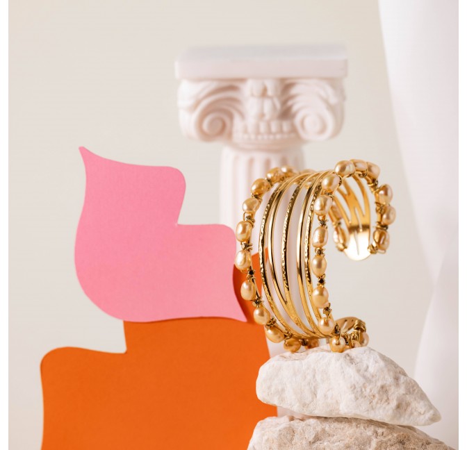 Stainless steel cuff bracelet with golden freshwater baroque pearls THALIA | Gloria Balensi artisanal jewellery designer