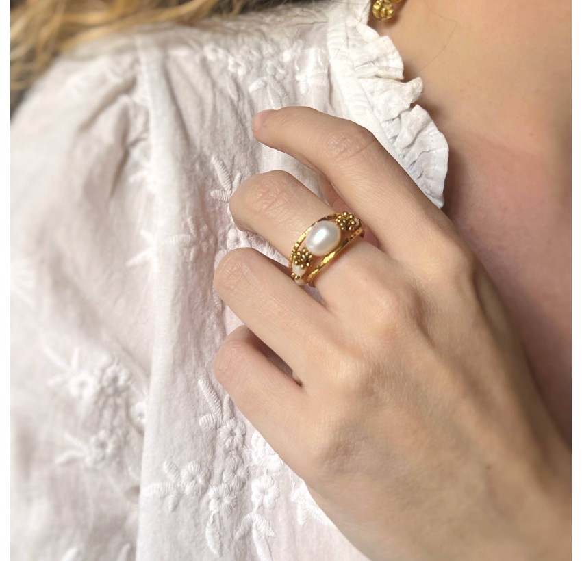 Bague ajustable en acier inoxydable et perles de culture - STELYA | Gloria Balensi Paris bijoux