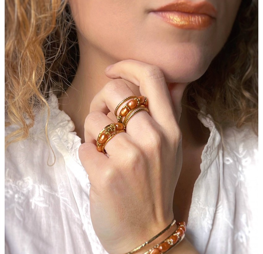 Adjustable ring in stainless steel and terracotta cultured pearls - LINA