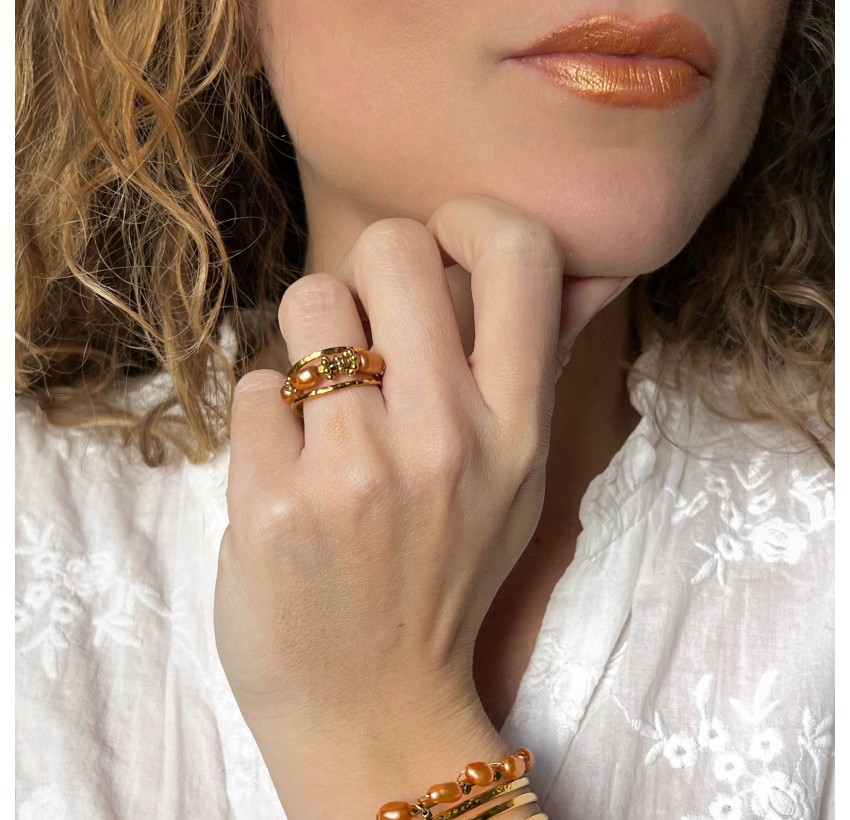 Adjustable ring in stainless steel and terracotta cultured pearls - LINA | Gloria Balensi Paris jewellery