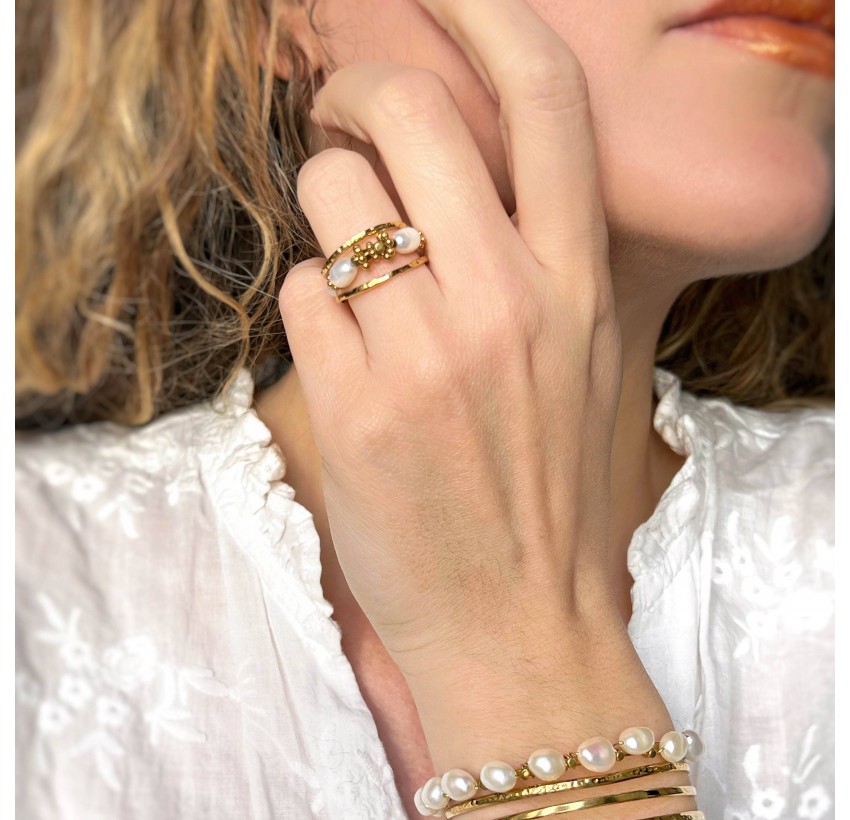 Bague ajustable en acier inoxydable et perles de culture - LINA | Gloria Balensi Paris bijoux