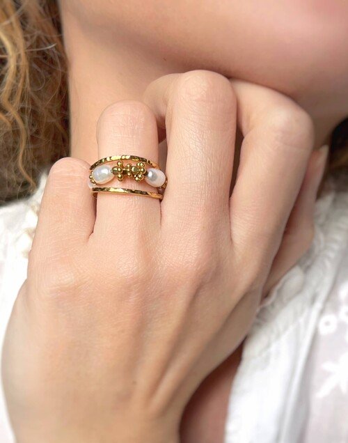 Adjustable ring in stainless steel and cultured pearls - LINA | Gloria Balensi Paris jewellery