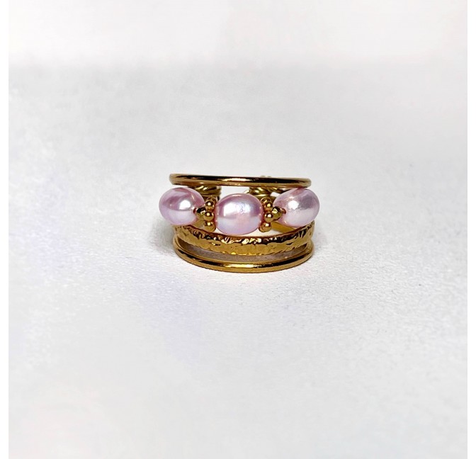 Multi-row adjustable ring in stainless steel and lilac cultured pearls - STELLA | Gloria Balensi Paris jewellery