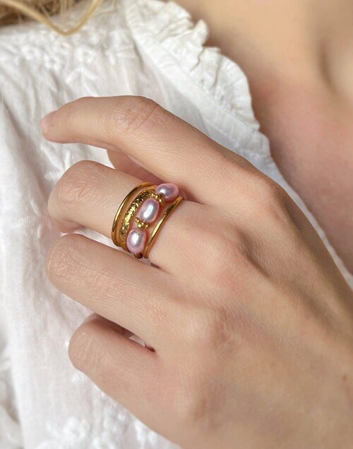 Bague ajustable multi-rangs en acier inoxydable et perles de culture lilas - STELLA | Gloria Balensi Paris bijoux