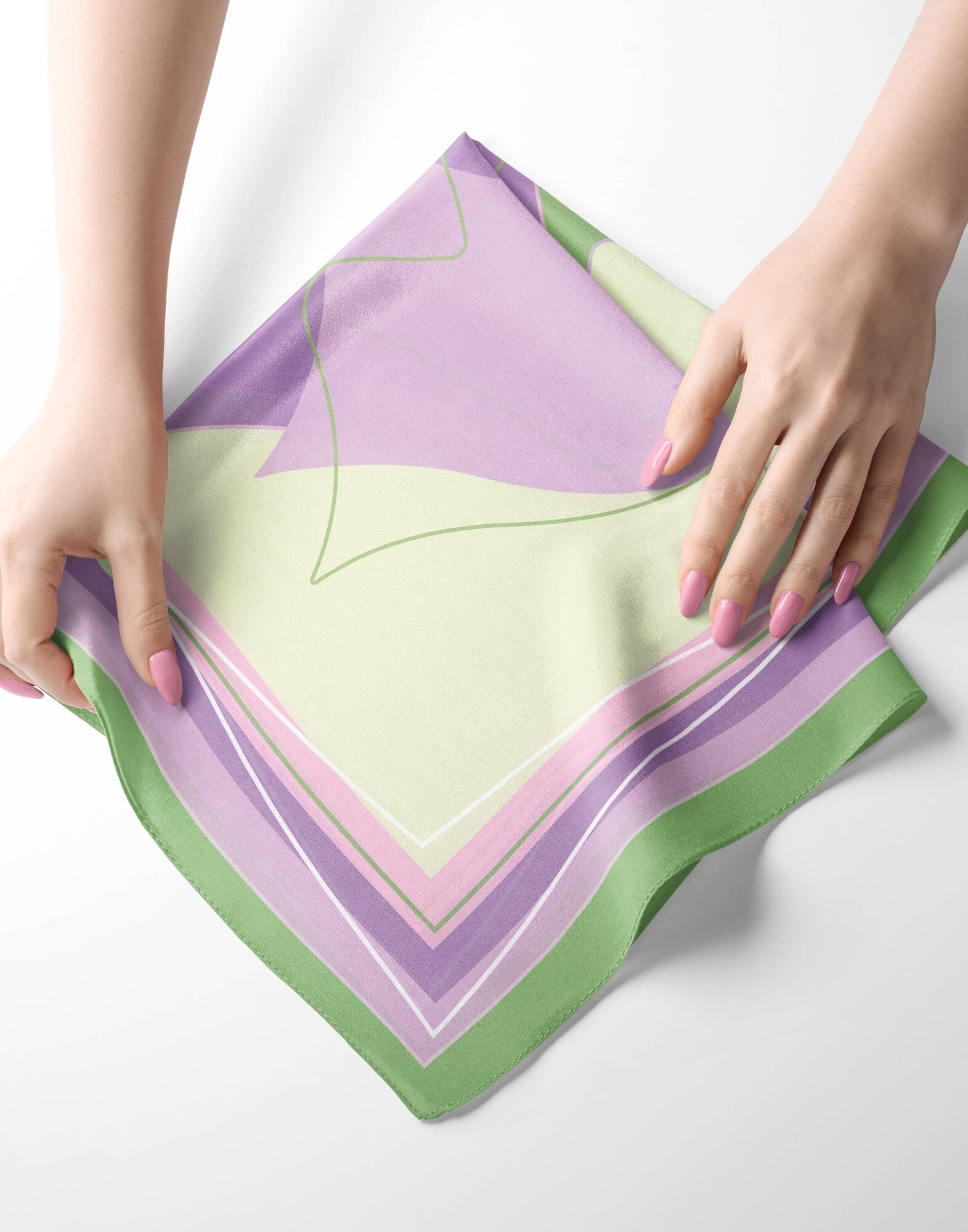 Carré de soie 69cm, twill de soie imprimé bouche MUSE - Lila et vert| Gloria Balensi
