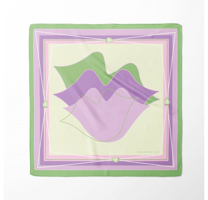 69cm silk square, MUSE mouth print silk twill - Lilac and green|Gloria Balensi
