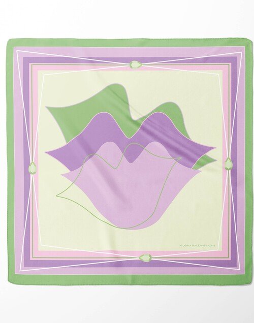 Carré de soie 69cm, twill de soie imprimé bouche MUSE - Lila et vert| Gloria Balensi