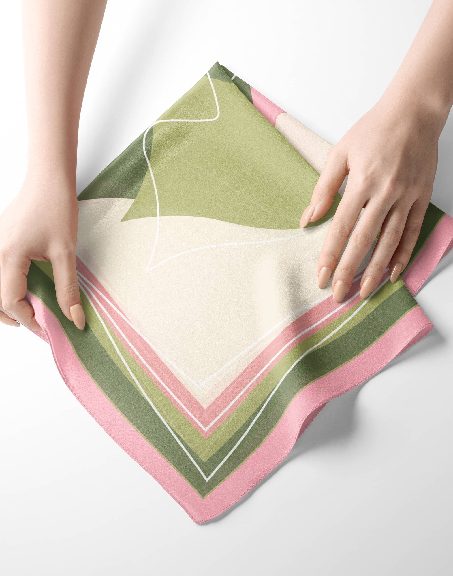 Carré de soie 69cm, twill de soie imprimé bouche MUSE - Rose et vert| Gloria Balensi foulards