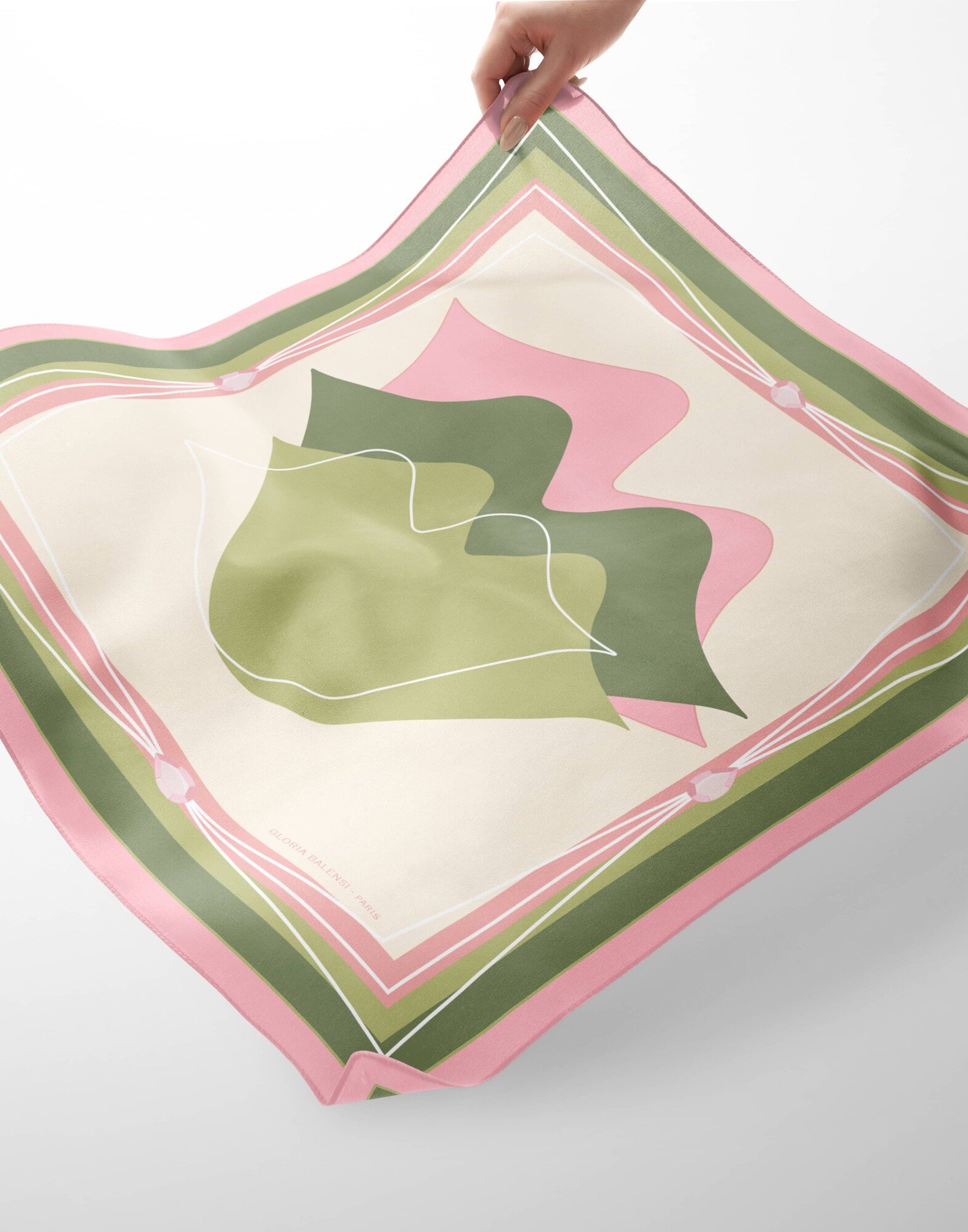Carré de soie 69cm, twill de soie imprimé bouche MUSE - Rose et vert| Gloria Balensi foulards