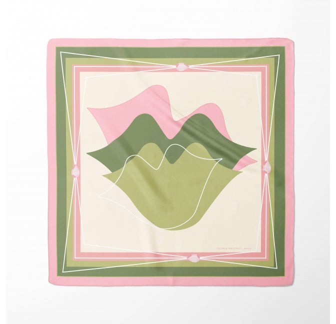 Carré en twill de soie 69cm, imprimé bouche MUSE - Rose et vert| Gloria Balensi foulards