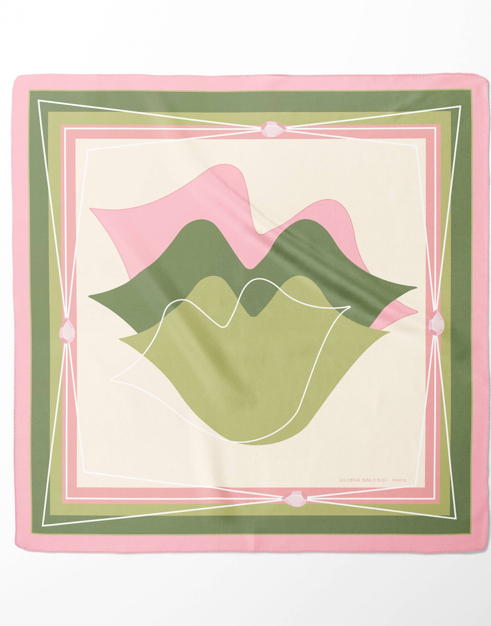 Carré de soie 69cm, twill de soie imprimé bouche MUSE - Rose et vert| Gloria Balensi foulards
