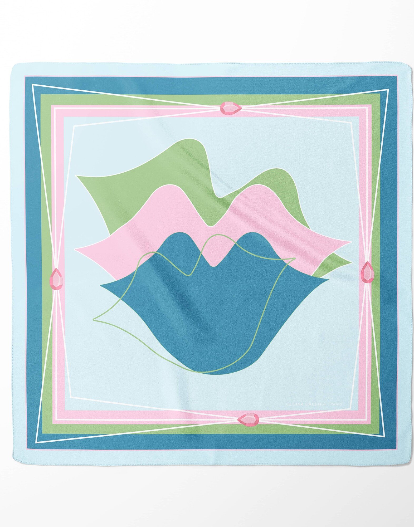 69cm silk twill square, MUSE mouth print - Green pink blue|Gloria Balensi scarves 69cm silk twill square, MUSE mouth print - Green pink blue|Gloria Balensi scarves