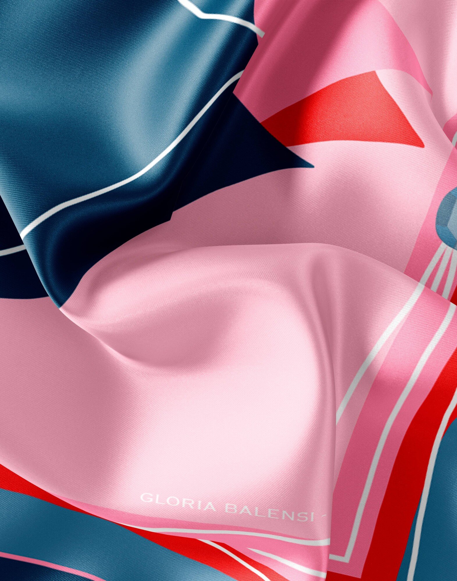 Carré de soie 69cm, twill de soie imprimé bouche MUSE - Bleu marine rouge rose| Gloria Balensi Foulards