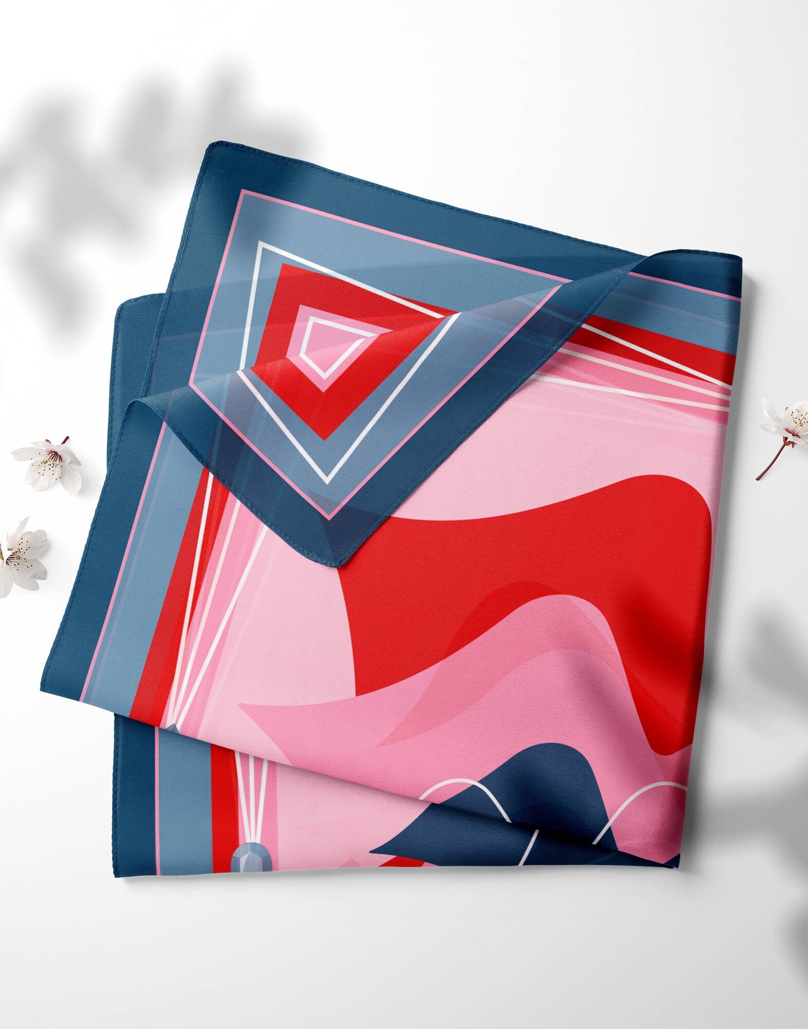 Carré de soie 69cm, twill de soie imprimé bouche MUSE - Bleu marine rouge rose| Gloria Balensi Foulards