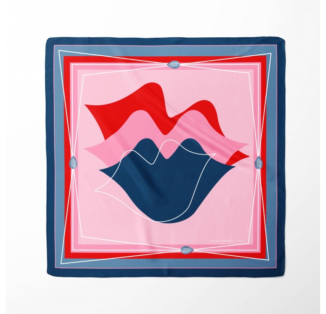 Carré en twill de soie 69cm, imprimé bouche MUSE - Bleu marine rouge rose| Gloria Balensi foulards