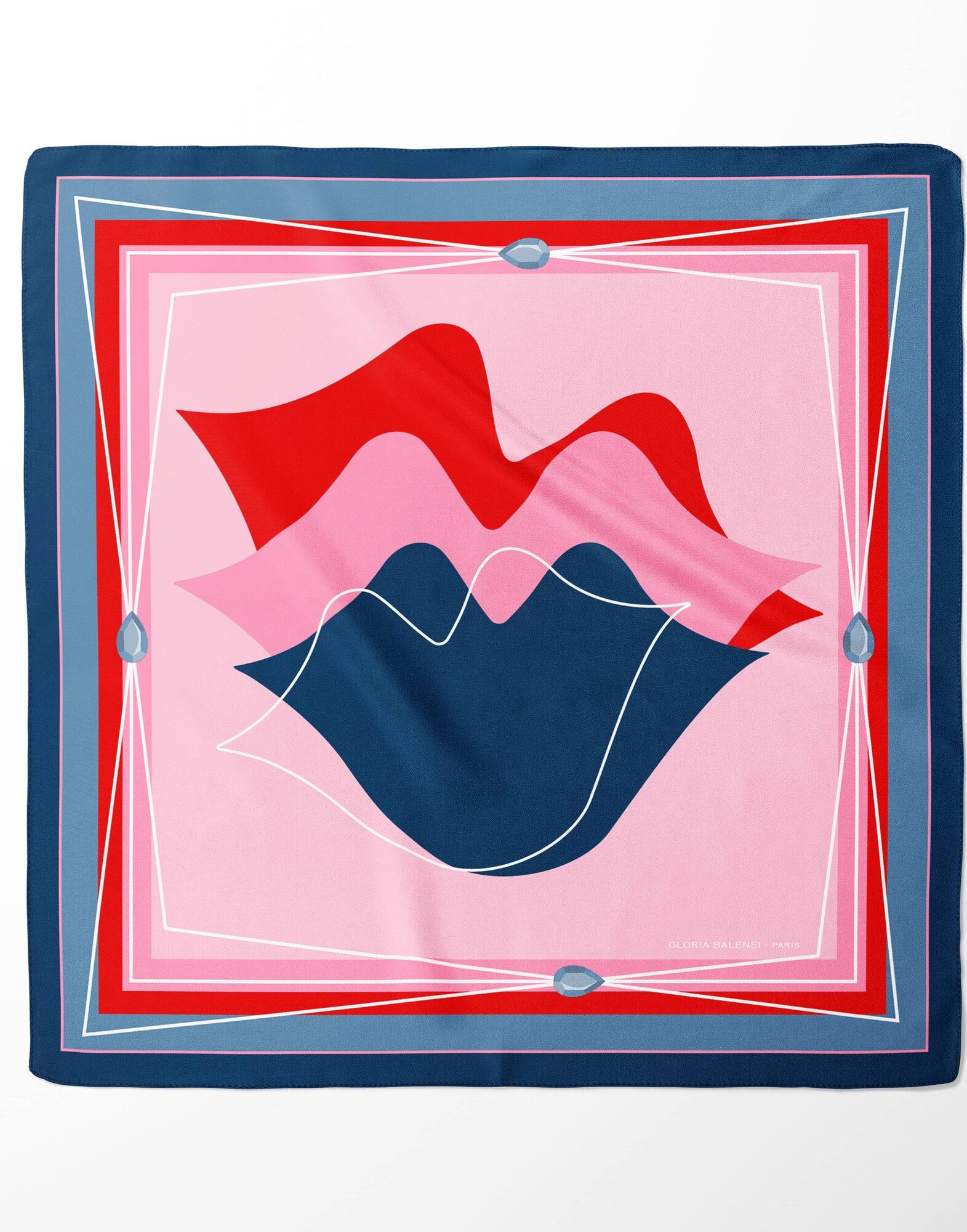 Carré de soie 69cm, twill de soie imprimé bouche MUSE - Bleu marine rouge rose| Gloria Balensi Foulards
