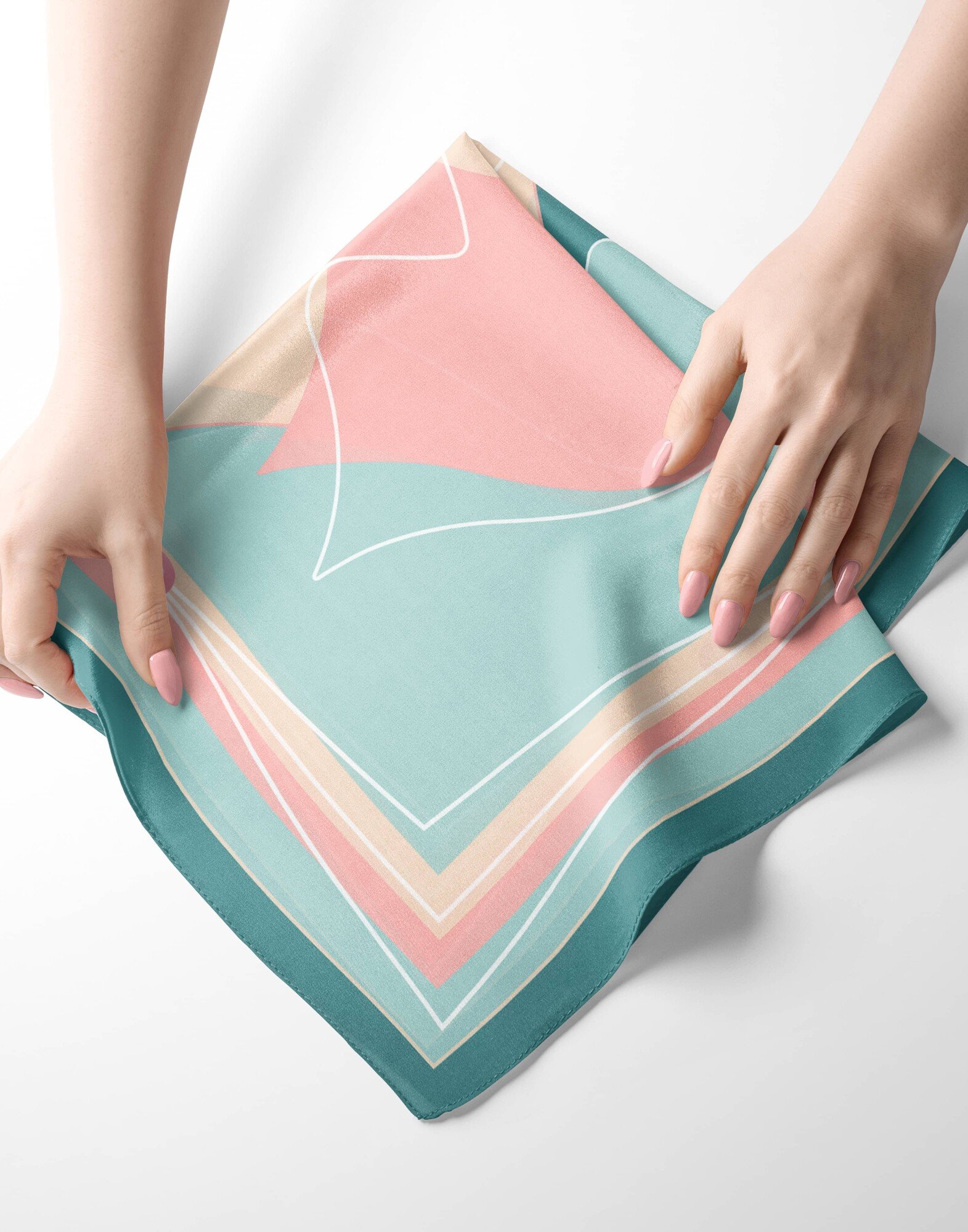 Carré de soie 69cm, twill de soie imprimé bouche MUSE - Bleu pétrole beige rose | Gloria Balensi Foulards