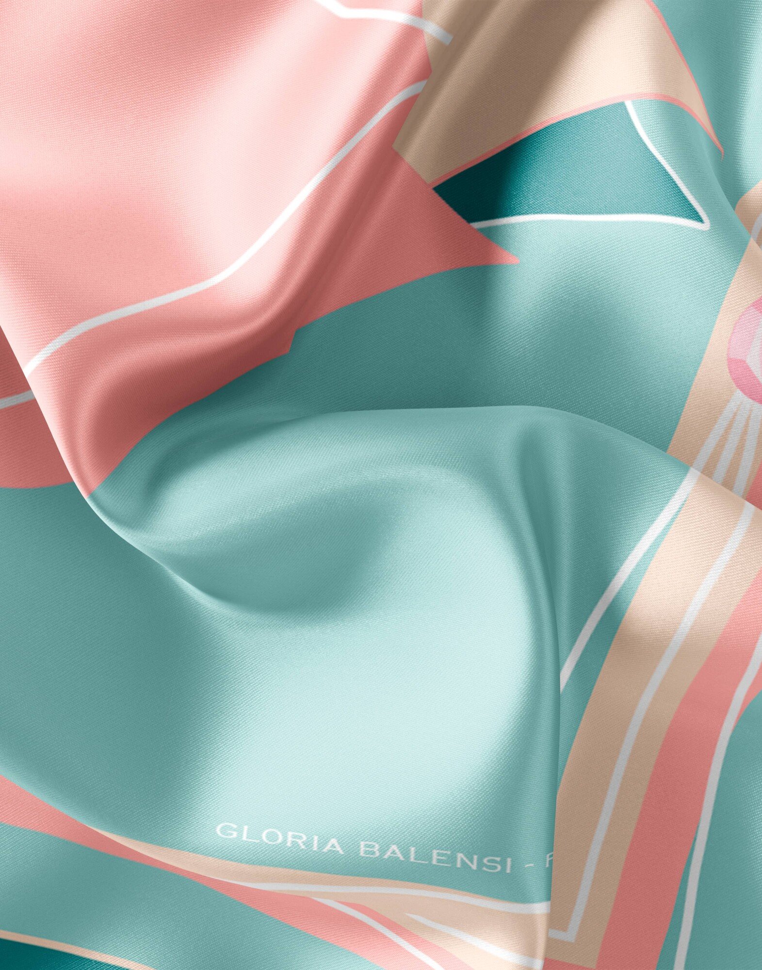 Carré de soie 69cm, twill de soie imprimé bouche MUSE - Bleu pétrole beige rose | Gloria Balensi Foulards