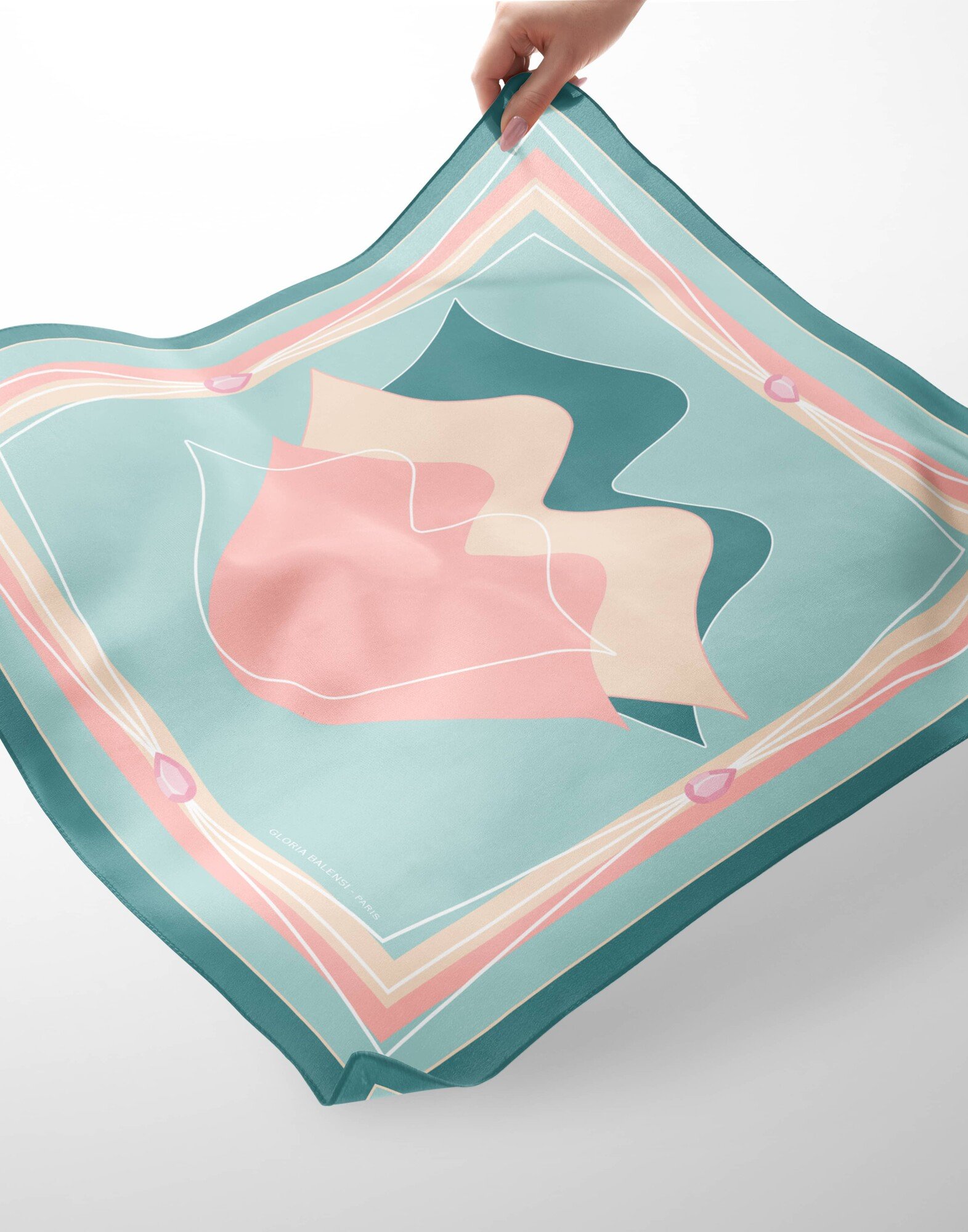 Carré de soie 69cm, twill de soie imprimé bouche MUSE - Bleu pétrole beige rose | Gloria Balensi Foulards