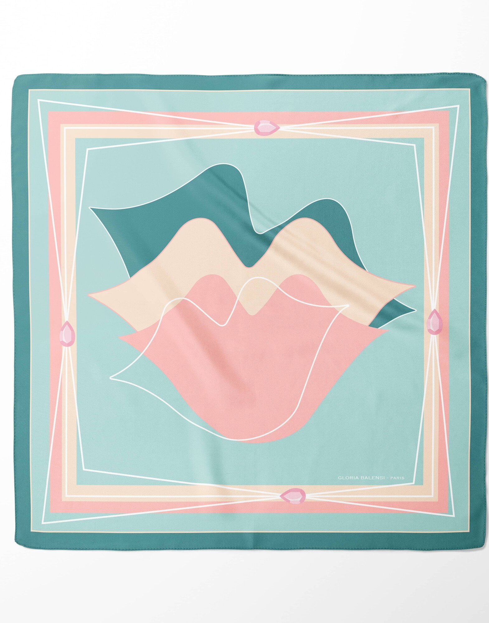 Carré de soie 69cm, twill de soie imprimé bouche MUSE - Bleu pétrole beige rose | Gloria Balensi Foulards