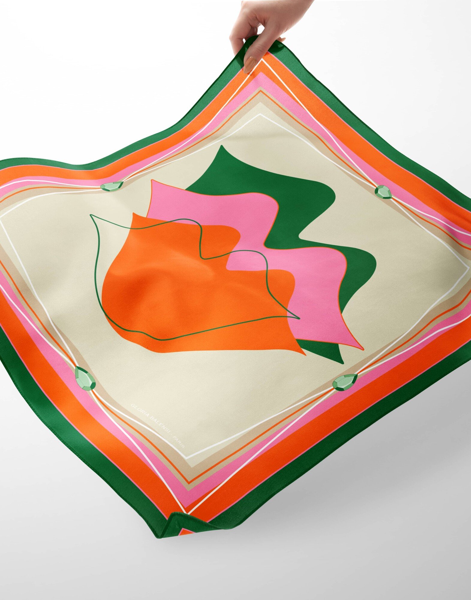 Carré de soie 69cm, twill de soie imprimé bouche MUSE - Vert rose orange| Gloria Balensi foulards