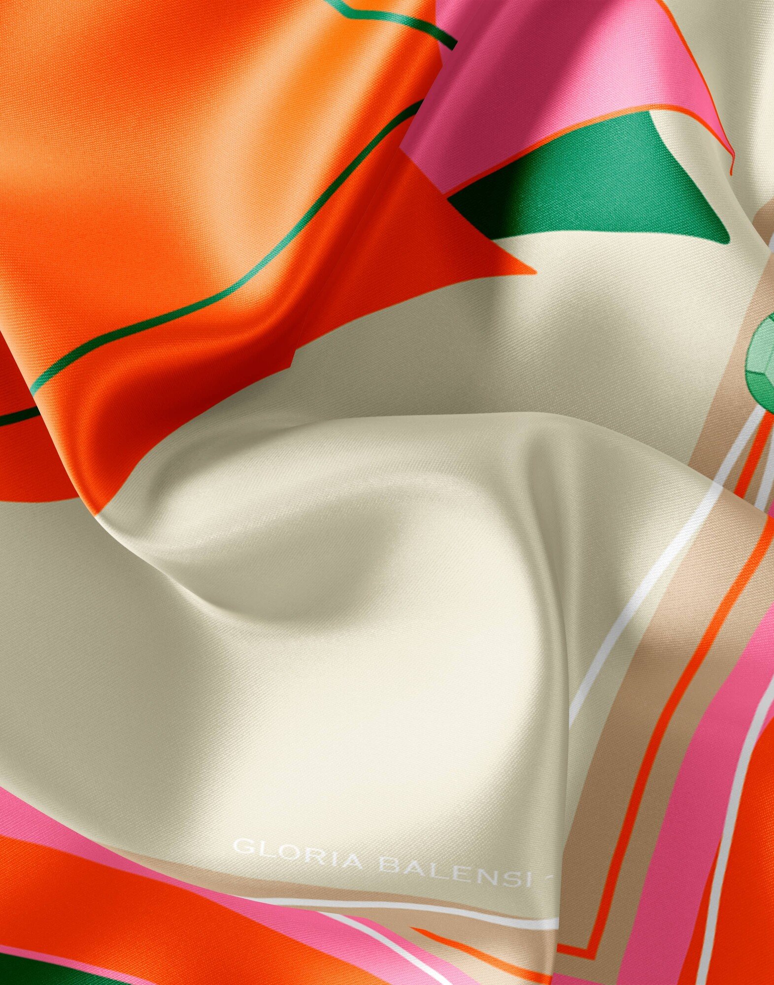 Carré de soie 69cm, twill de soie imprimé bouche MUSE - Vert rose orange| Gloria Balensi foulards