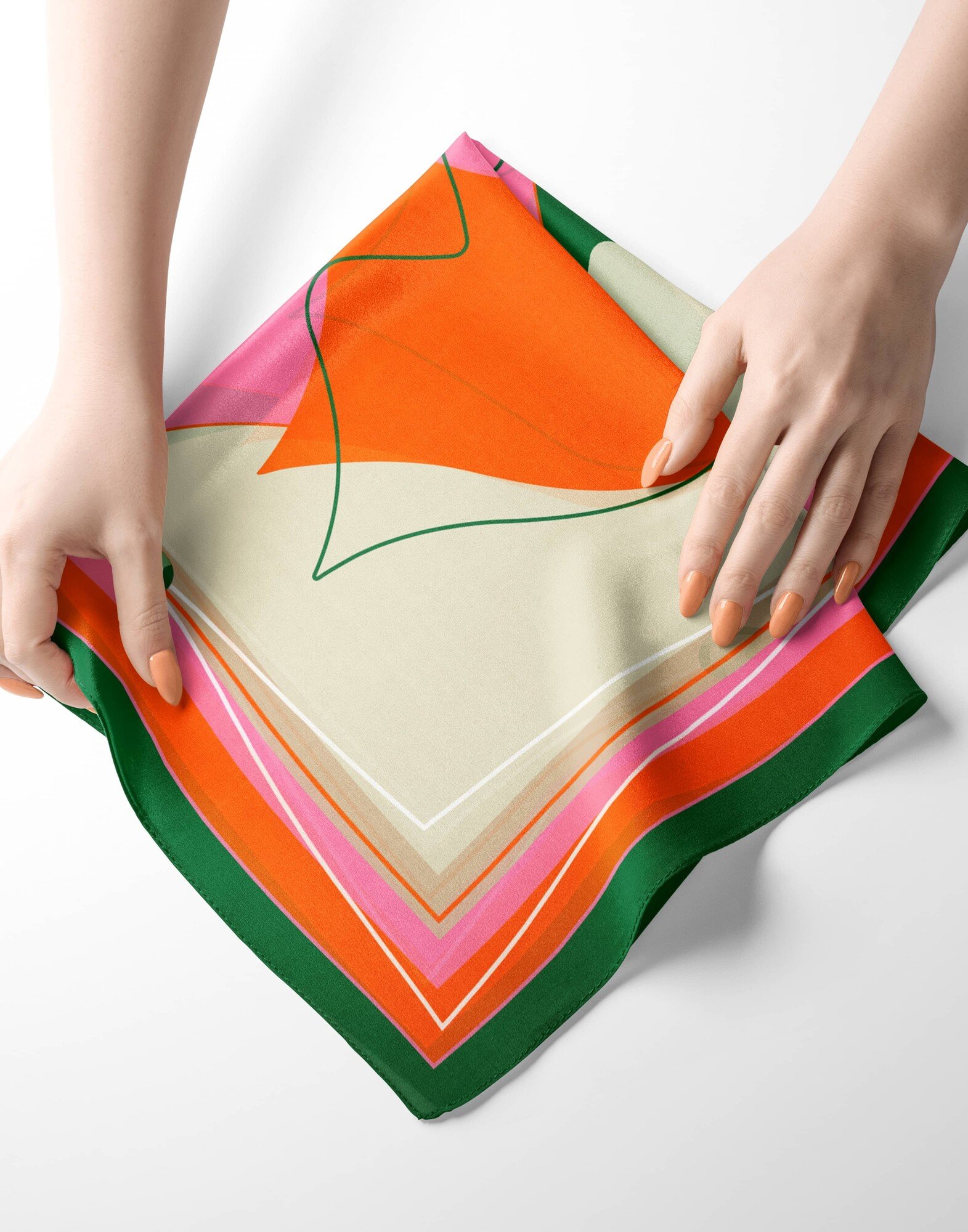 Carré de soie 69cm, twill de soie imprimé bouche MUSE - Vert rose orange| Gloria Balensi foulards