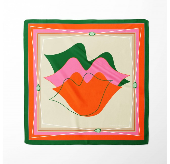 Carré en twill de soie 69cm, imprimé bouche MUSE - Vert rose orange| Gloria Balensi foulards