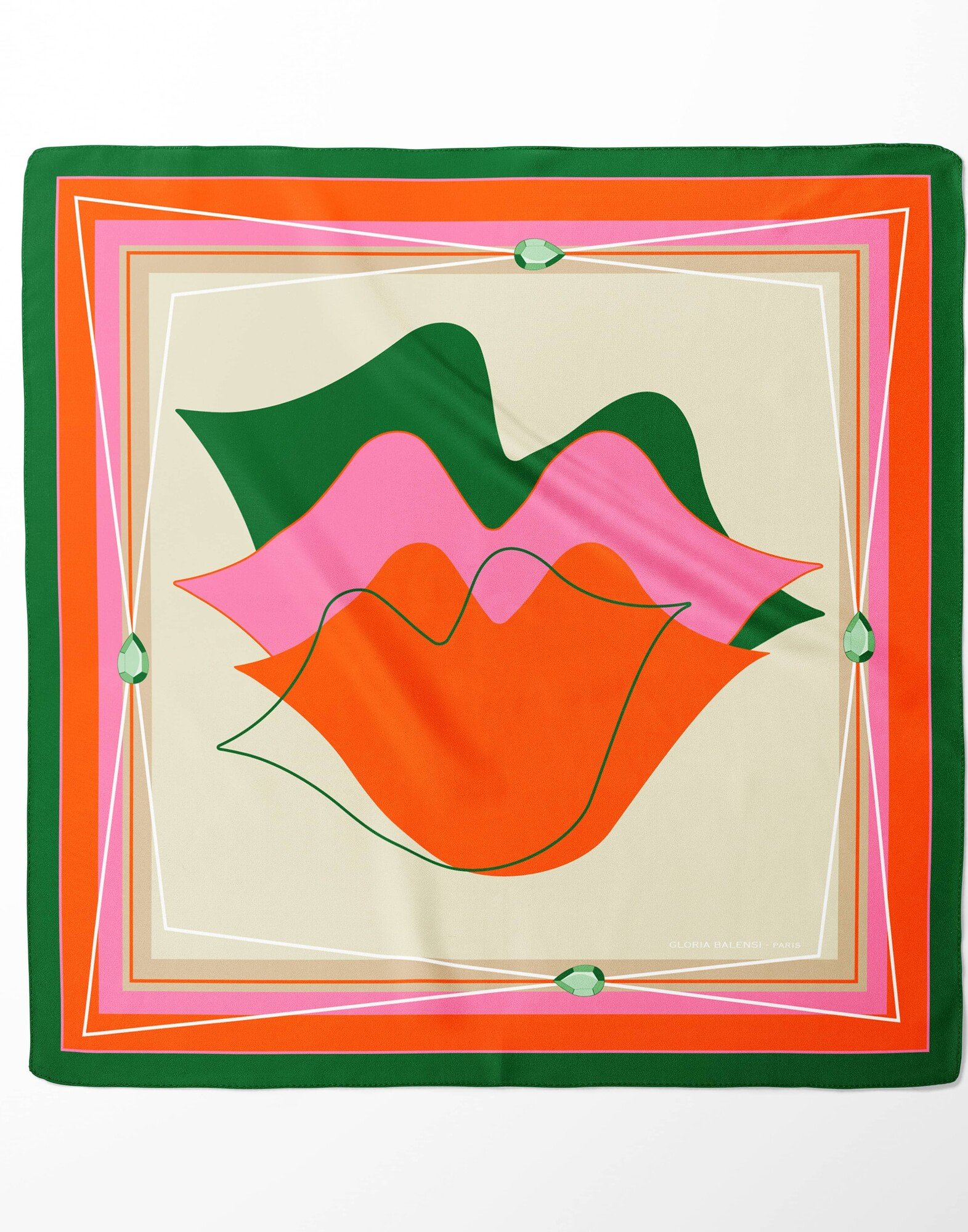 Carré de soie 69cm, twill de soie imprimé bouche MUSE - Vert rose orange| Gloria Balensi foulards