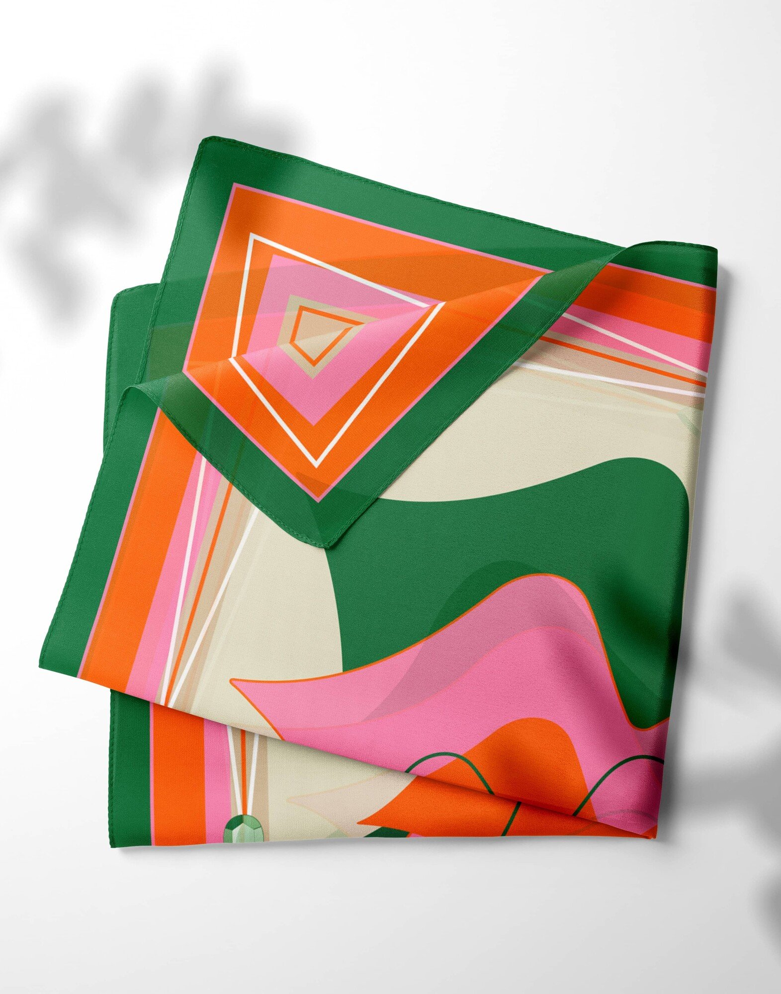 Carré de soie 69cm, twill de soie imprimé bouche MUSE - Vert rose orange| Gloria Balensi foulards