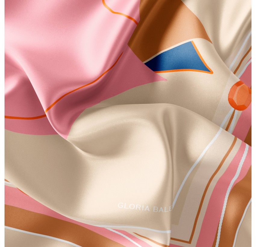 69cm silk square, MUSE mouth print silk twill - Beige pink navy blue|Gloria Balensi scarves