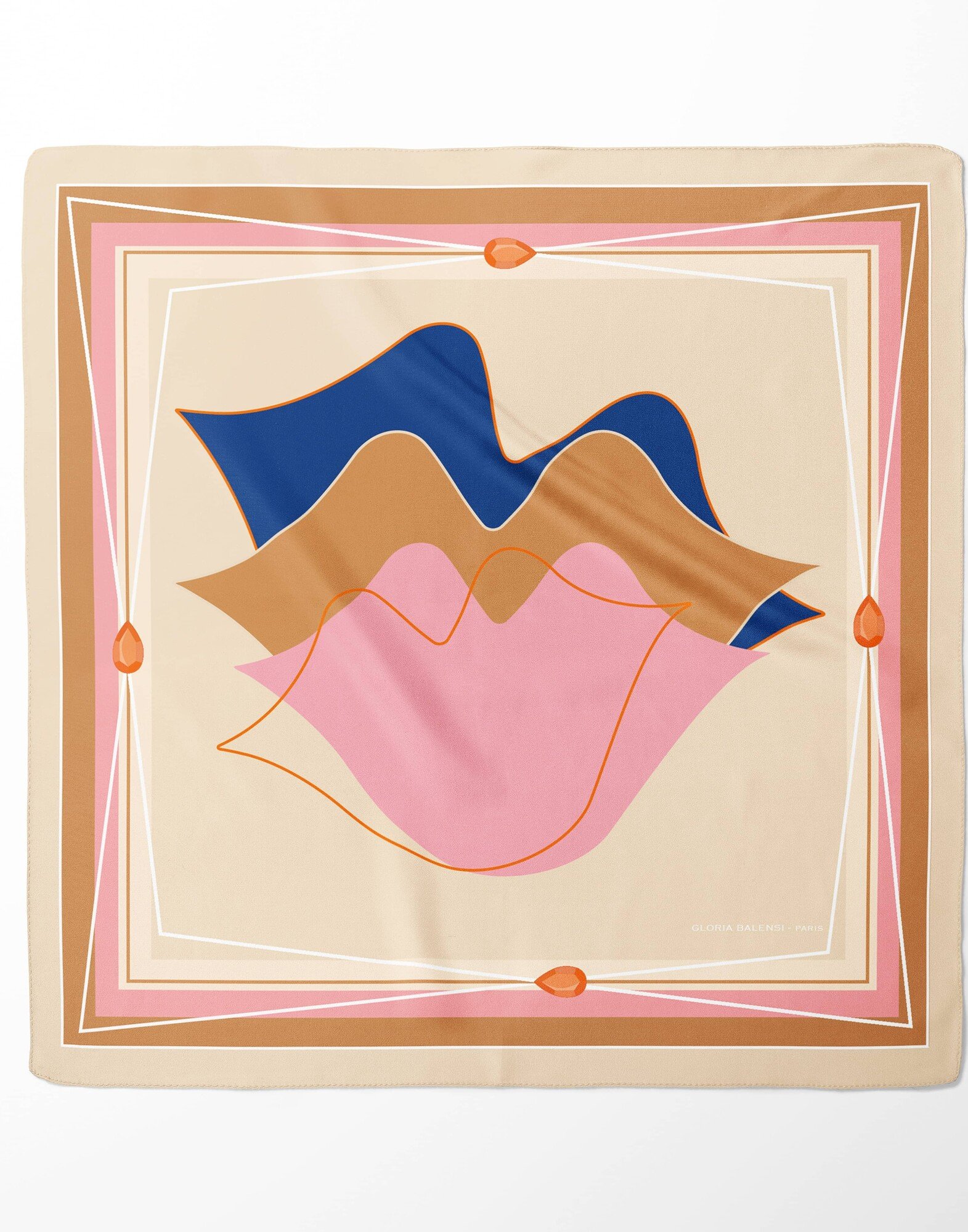 Carré de soie 69cm, twill de soie imprimé bouche MUSE - Beige rose bleu marine| Gloria Balensi