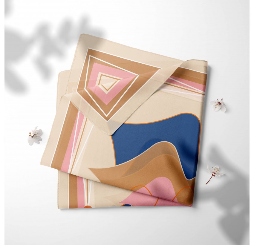 69cm silk square, MUSE mouth print silk twill - Beige pink navy blue|Gloria Balensi scarves