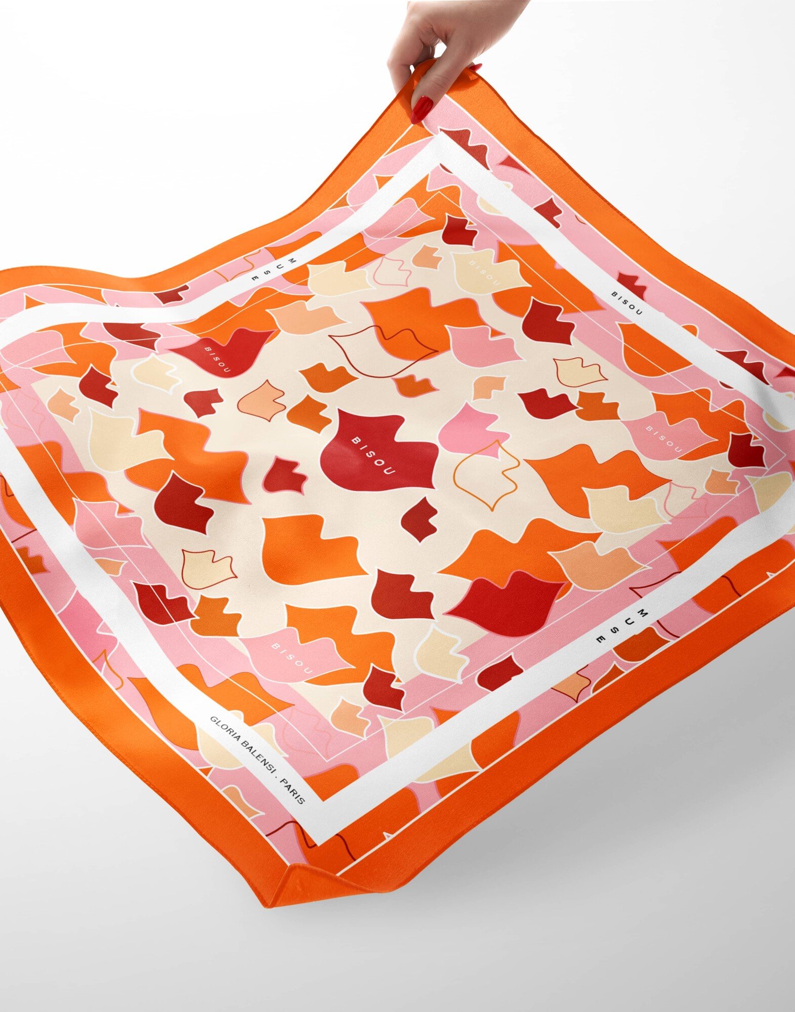 Foulard carré en twill de soie - Camouflage bouches orange 69cm| Gloria Balensi foulards