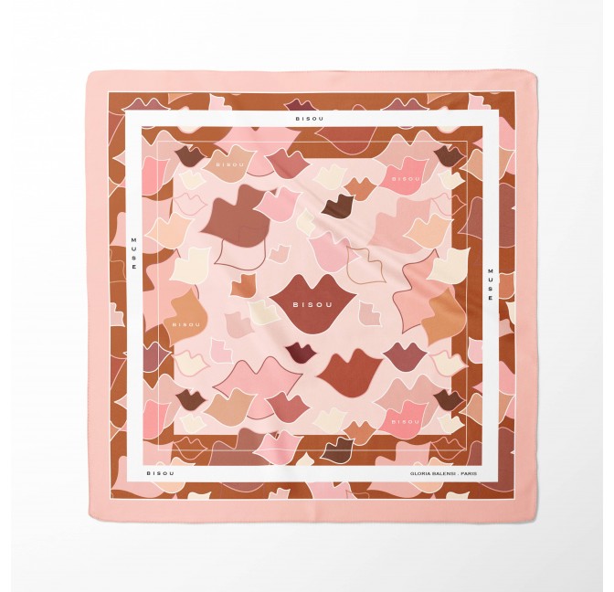 Foulard carré en twill de soie - Camouflage bouches rose 69cm| Gloria Balensi foulards